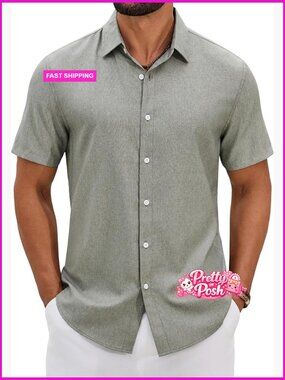Lightweight Linen Textured Short Sleeve Button Down Shirt